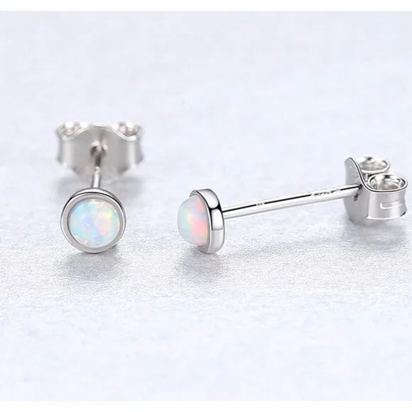 925 Sterling Silver 3mm Round Opal Stud Earrings - Picture 4 of 5